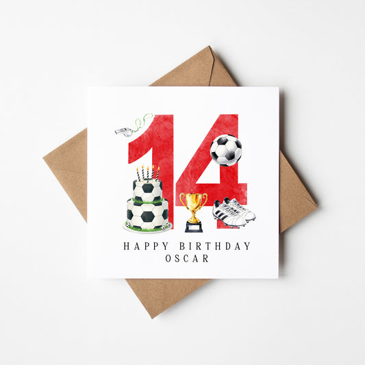 14th Birthday Card personalised football footy themed boys Red bday card number 14 with Envelope