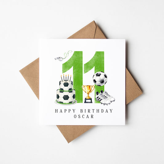 11th Birthday Card personalised football footy themed boys Green bday card number 11 with Envelope
