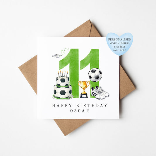 11th Birthday Card personalised football footy themed boys Green bday card number 11 with Envelope
