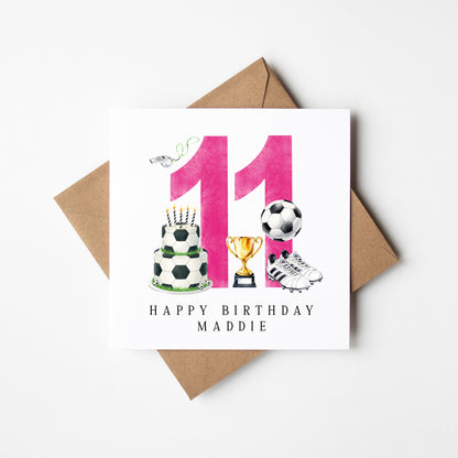 11th Birthday Card personalised pink football footy themed bday card number 11 with Envelope