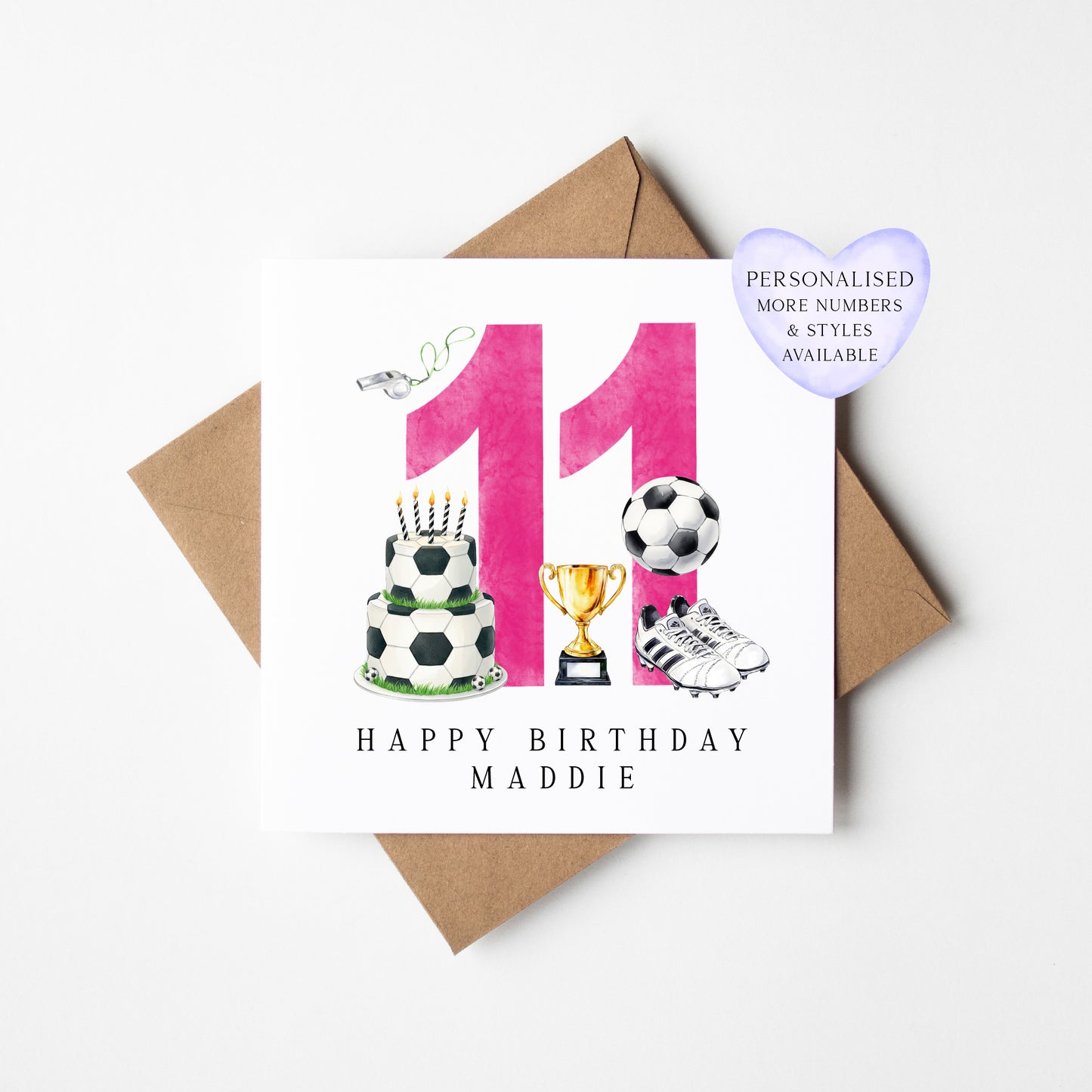 11th Birthday Card personalised pink football footy themed bday card number 11 with Envelope