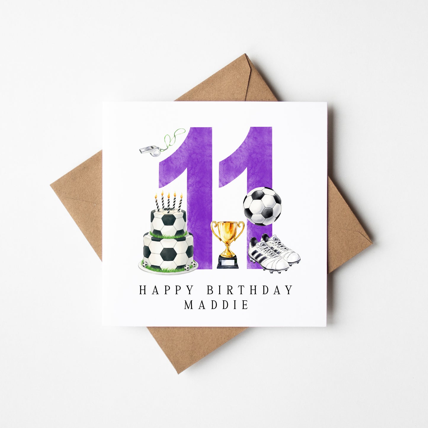 11th Birthday Card personalised purple football footy themed bday card number 11 with Envelope
