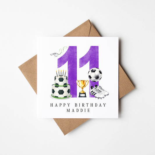 11th Birthday Card personalised purple football footy themed bday card number 11 with Envelope
