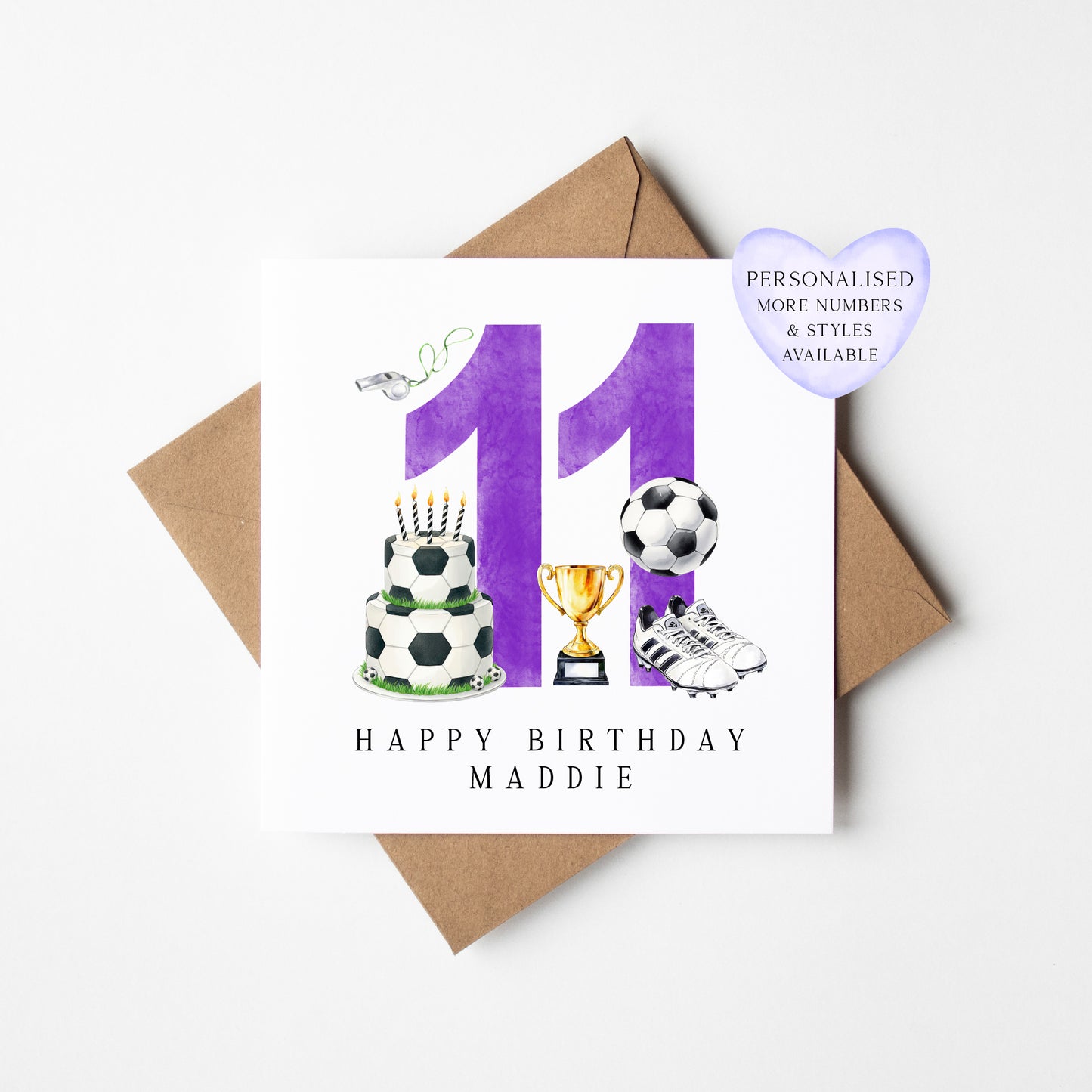11th Birthday Card personalised purple football footy themed bday card number 11 with Envelope