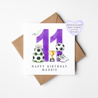 11th Birthday Card personalised purple football footy themed bday card number 11 with Envelope