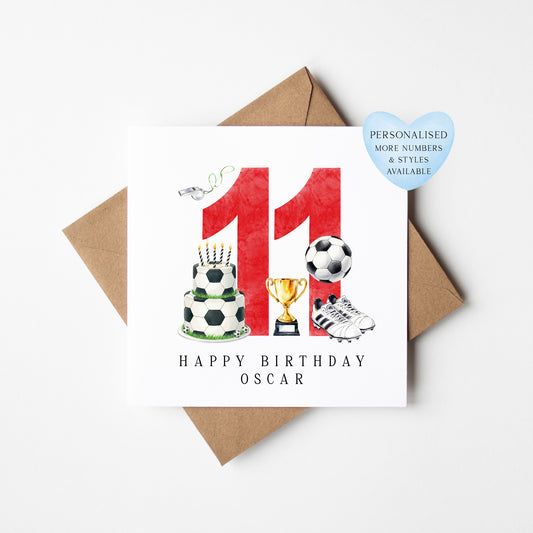11th Birthday Card personalised football footy themed boys Red bday card number 11 with Envelope