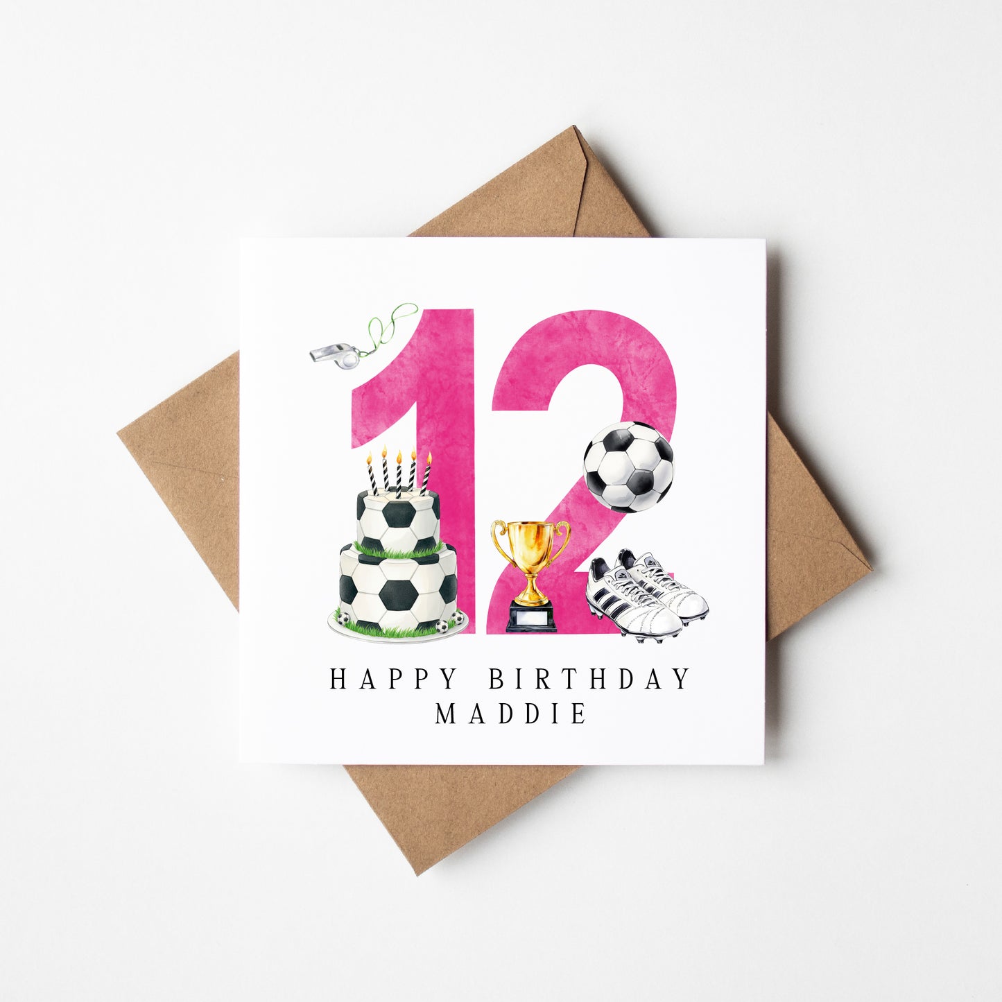 12th Birthday Card personalised pink football footy themed bday card number 12 with Envelope