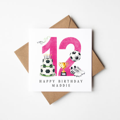 12th Birthday Card personalised pink football footy themed bday card number 12 with Envelope