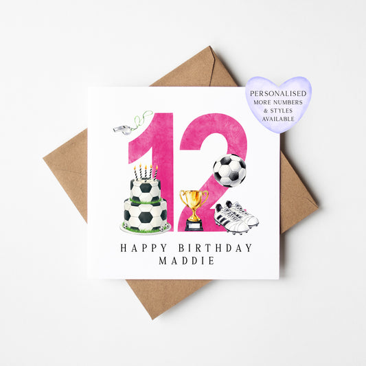 12th Birthday Card personalised pink football footy themed bday card number 12 with Envelope