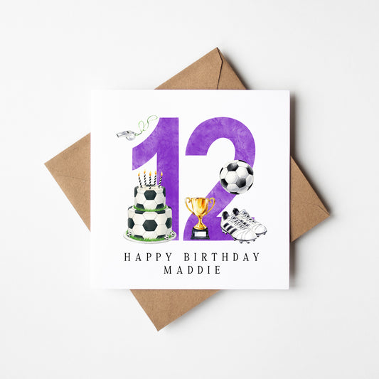 12th Birthday Card personalised purple football footy themed bday card number 12 with Envelope