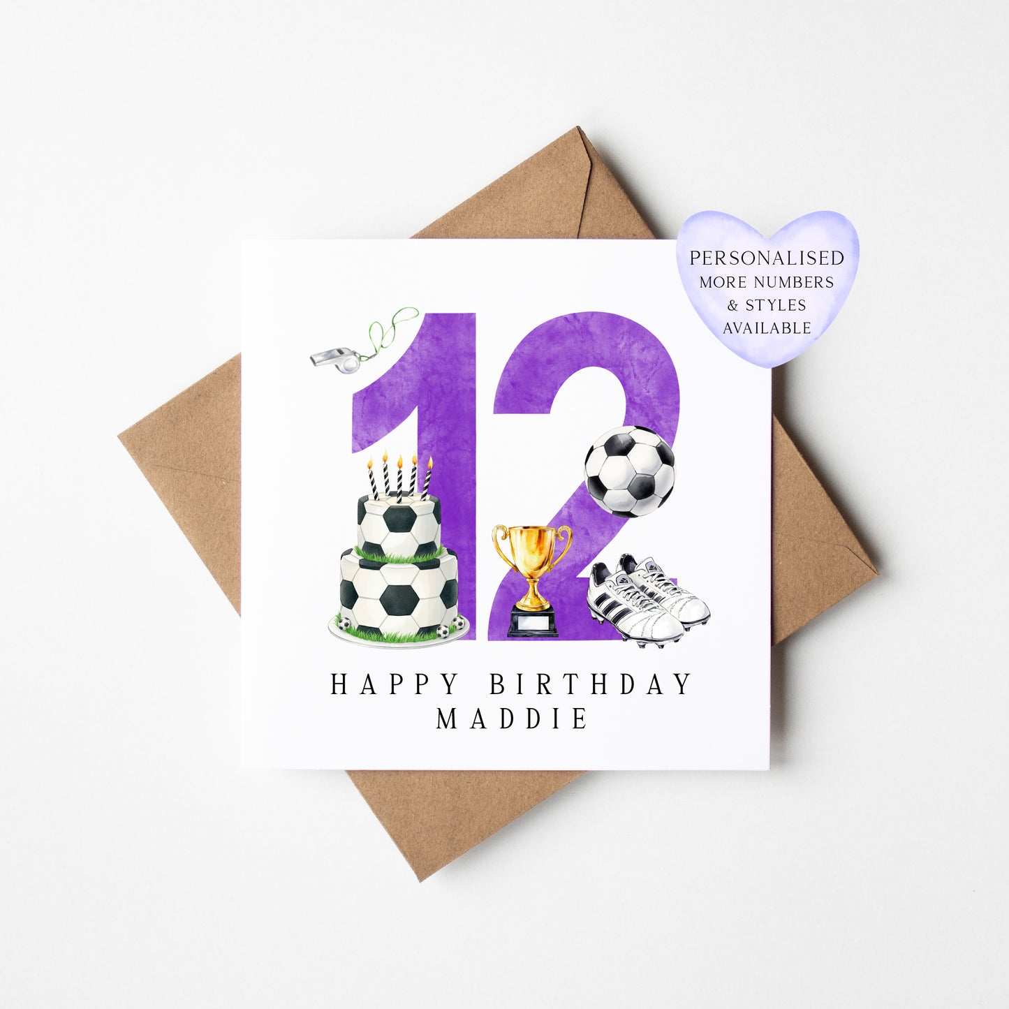 12th Birthday Card personalised purple football footy themed bday card number 12 with Envelope