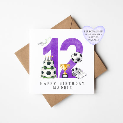 12th Birthday Card personalised purple football footy themed bday card number 12 with Envelope