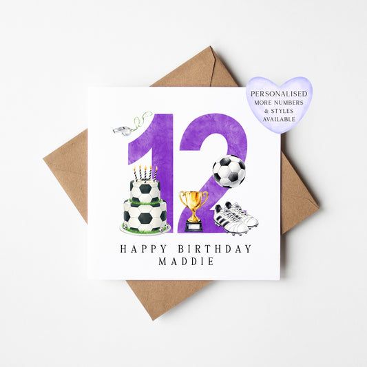 12th Birthday Card personalised purple football footy themed bday card number 12 with Envelope