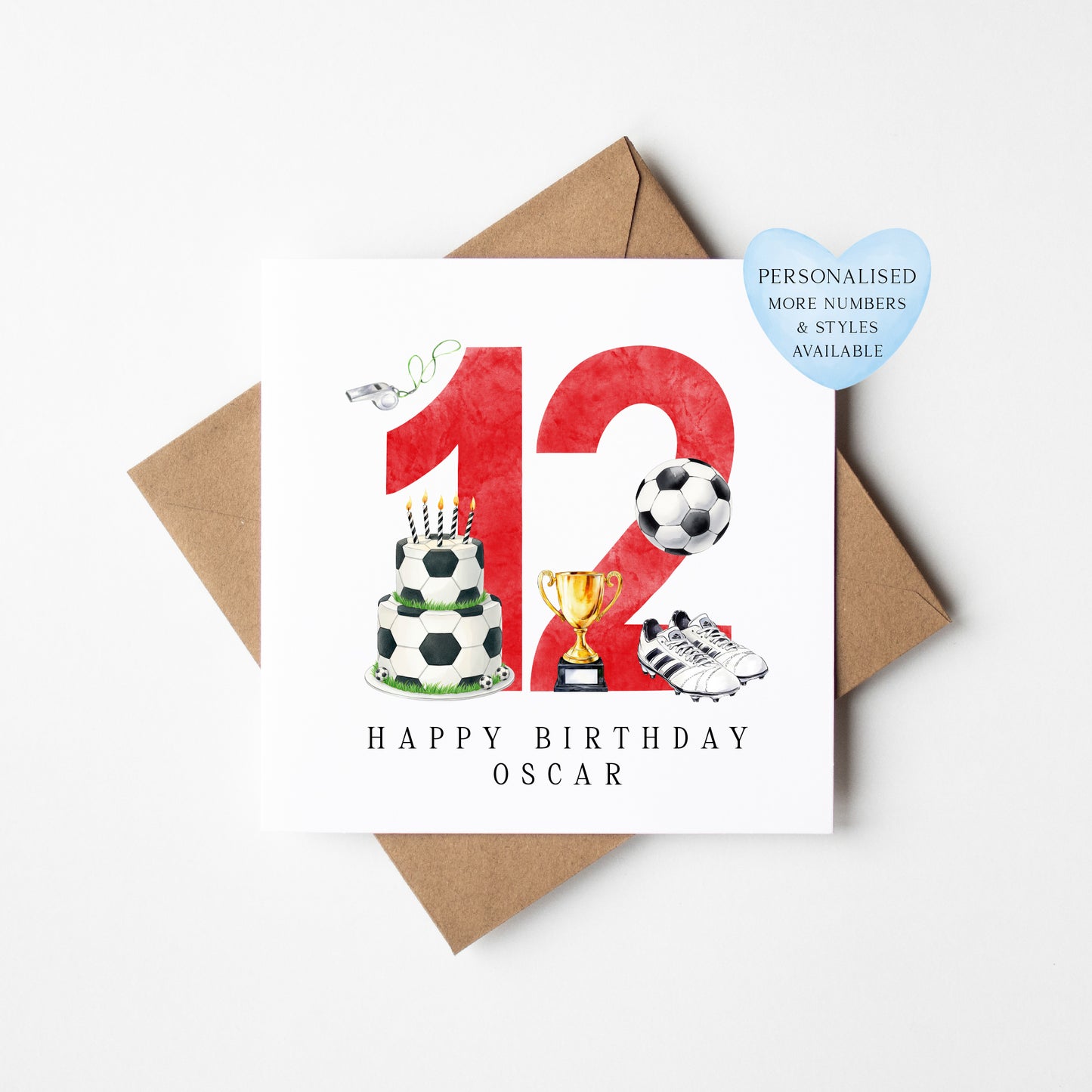 12th Birthday Card personalised football footy themed boys Red bday card number 12 with Envelope