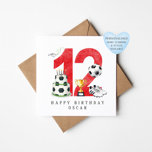 12th Birthday Card personalised football footy themed boys Red bday card number 12 with Envelope