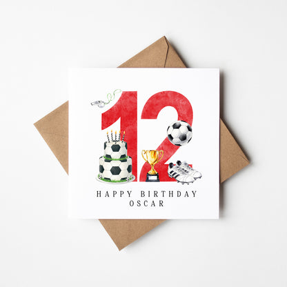 12th Birthday Card personalised football footy themed boys Red bday card number 12 with Envelope