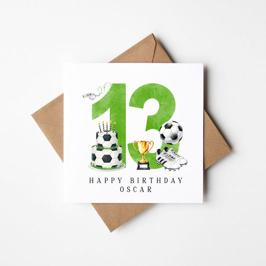 13th Birthday Card personalised football footy themed boys Green bday card number 13 with Envelope
