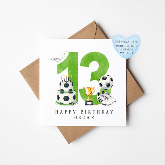 13th Birthday Card personalised football footy themed boys Green bday card number 13 with Envelope