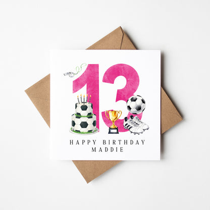 13th Birthday Card personalised pink football footy themed bday card number 13 with Envelope