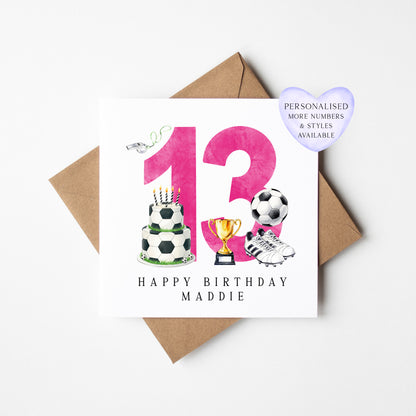 13th Birthday Card personalised pink football footy themed bday card number 13 with Envelope