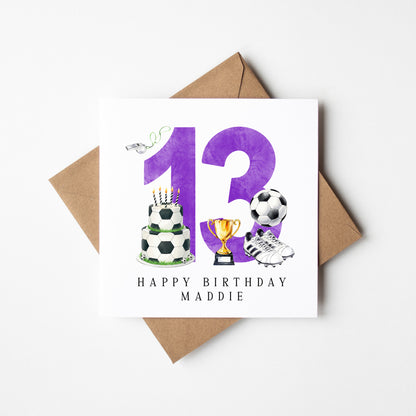 13th Birthday Card personalised purple football footy themed bday card number 13 with Envelope