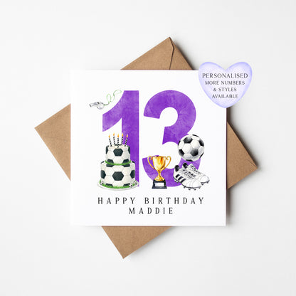 13th Birthday Card personalised purple football footy themed bday card number 13 with Envelope