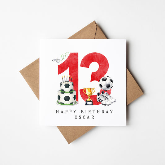 13th Birthday Card personalised football footy themed boys Red bday card number 13 with Envelope