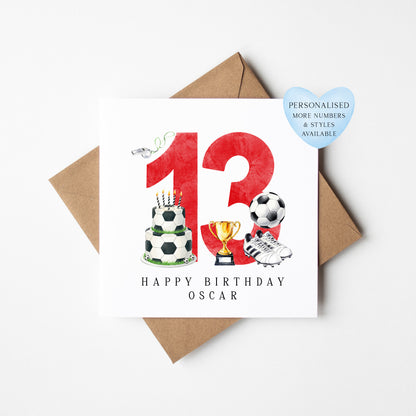 13th Birthday Card personalised football footy themed boys Red bday card number 13 with Envelope