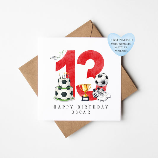 13th Birthday Card personalised football footy themed boys Red bday card number 13 with Envelope
