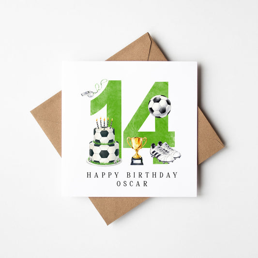 14th Birthday Card personalised football footy themed boys Green bday card number 14 with Envelope