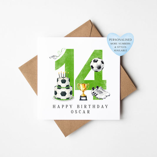 14th Birthday Card personalised football footy themed boys Green bday card number 14 with Envelope
