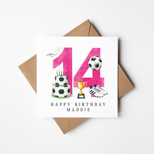 14th Birthday Card personalised pink football footy themed bday card number 14 with Envelope