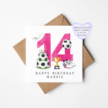 14th Birthday Card personalised pink football footy themed bday card number 14 with Envelope