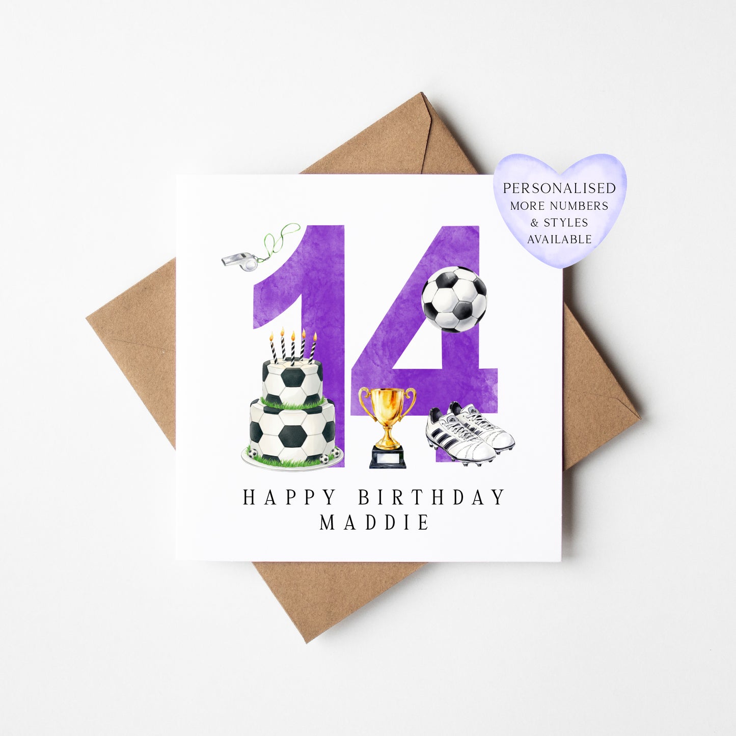 14th Birthday Card personalised purple football footy themed bday card number 14 with Envelope