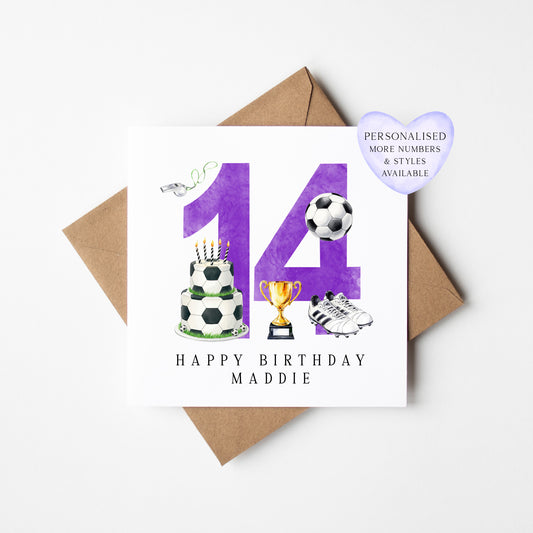 14th Birthday Card personalised purple football footy themed bday card number 14 with Envelope
