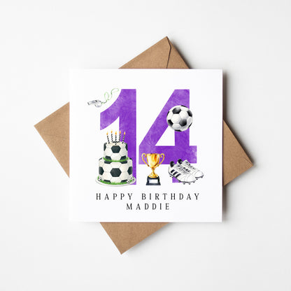 14th Birthday Card personalised purple football footy themed bday card number 14 with Envelope