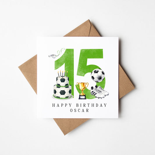15th Birthday Card personalised football footy themed boys Green bday card number 15 with Envelope