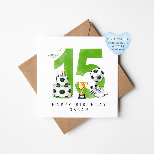 15th Birthday Card personalised football footy themed boys Green bday card number 15 with Envelope