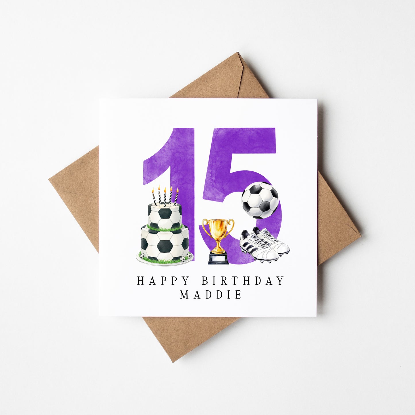 15th Birthday Card personalised purple football footy themed bday card number 15 with Envelope