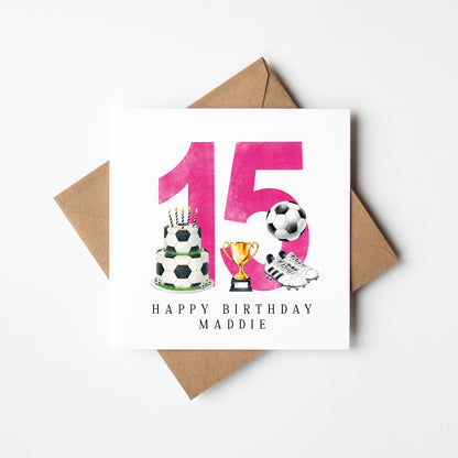 15th Birthday Card personalised pink football footy themed bday card number 15 with Envelope