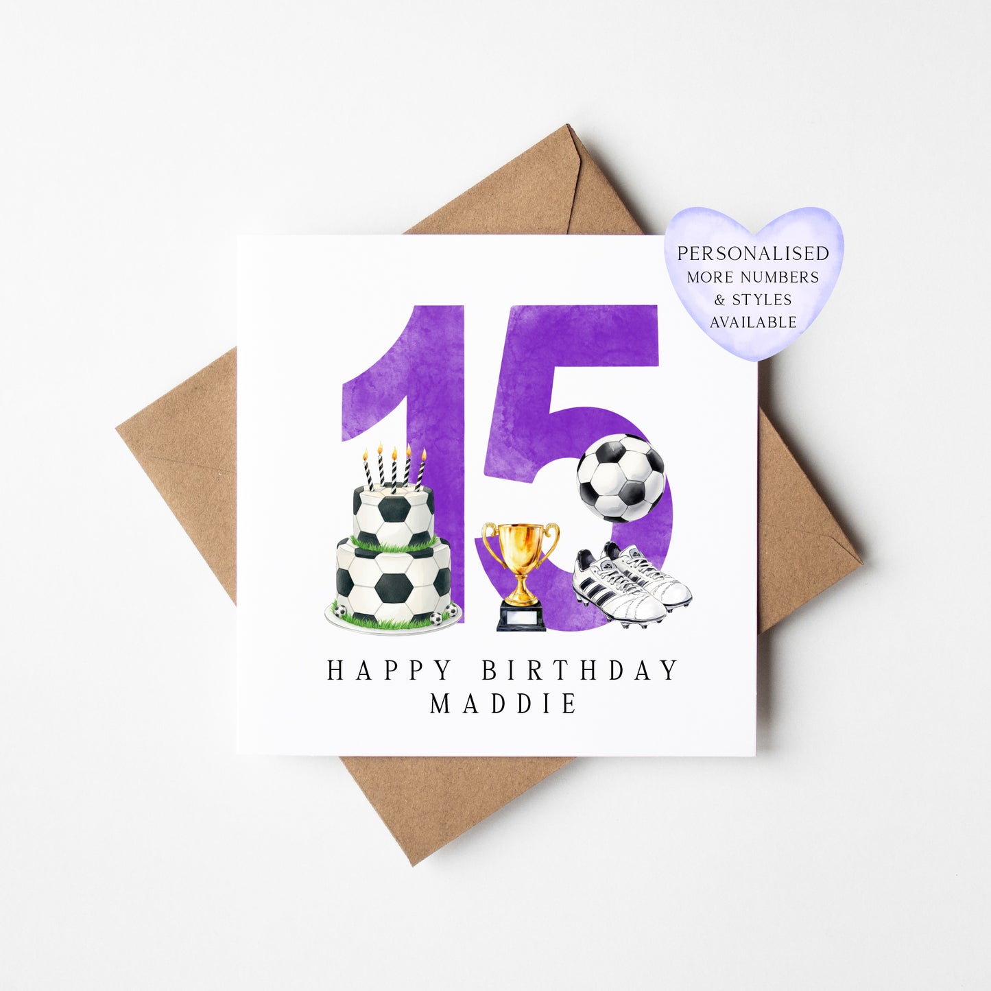 15th Birthday Card personalised purple football footy themed bday card number 15 with Envelope
