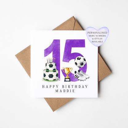 15th Birthday Card personalised purple football footy themed bday card number 15 with Envelope