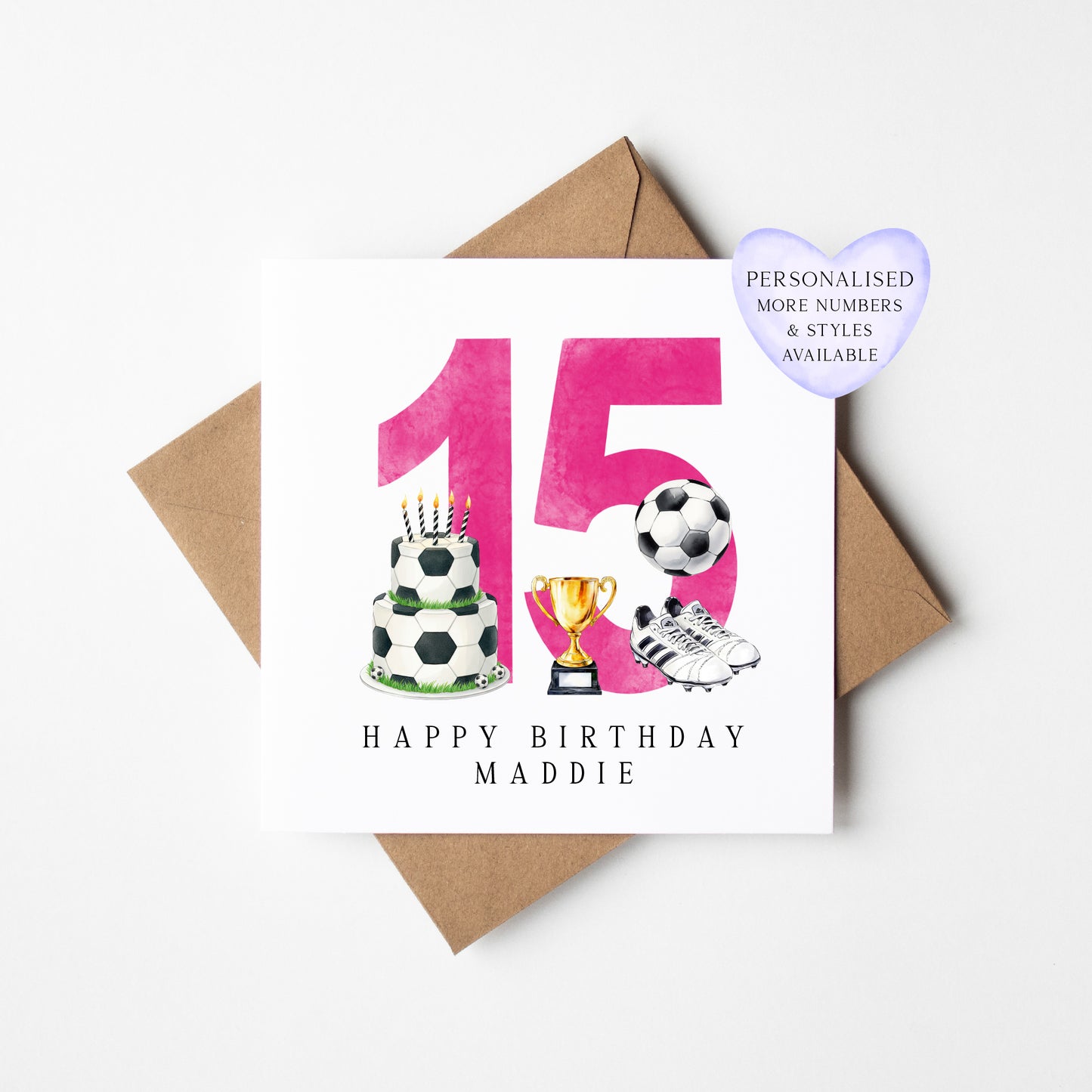 15th Birthday Card personalised pink football footy themed bday card number 15 with Envelope