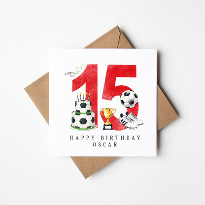 15th Birthday Card personalised football footy themed boys Red bday card number 15 with Envelope