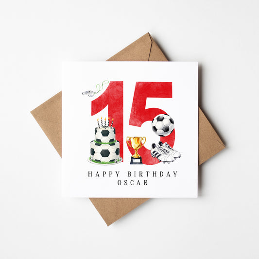 15th Birthday Card personalised football footy themed boys Red bday card number 15 with Envelope