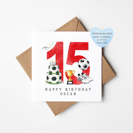 15th Birthday Card personalised football footy themed boys Red bday card number 15 with Envelope