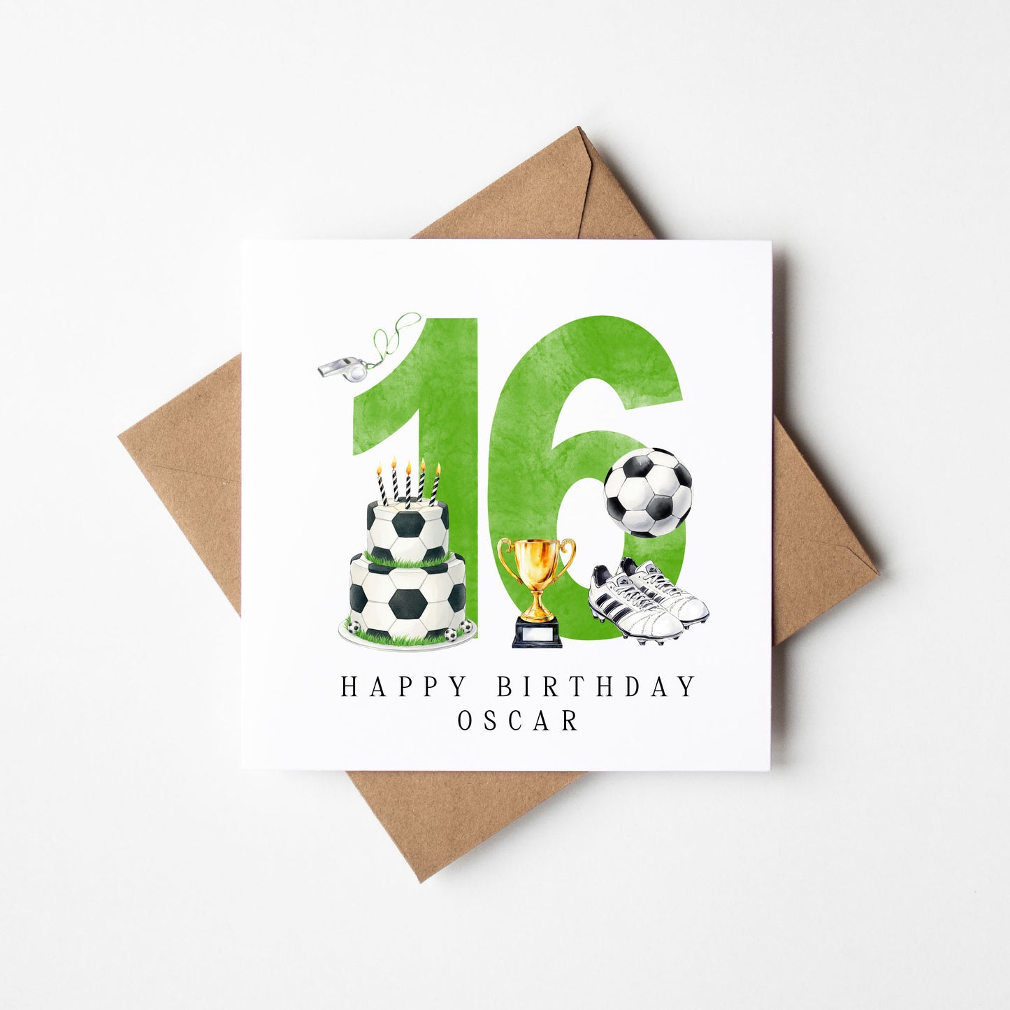 16th Birthday Card personalised football footy themed boys Green bday card number 16 with Envelope