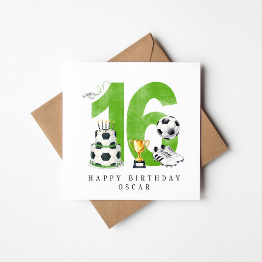 16th Birthday Card personalised football footy themed boys Green bday card number 16 with Envelope