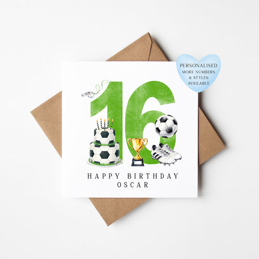 16th Birthday Card personalised football footy themed boys Green bday card number 16 with Envelope