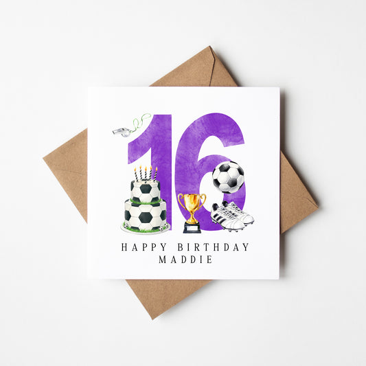 16th Birthday Card personalised purple football footy themed bday card number 16 with Envelope